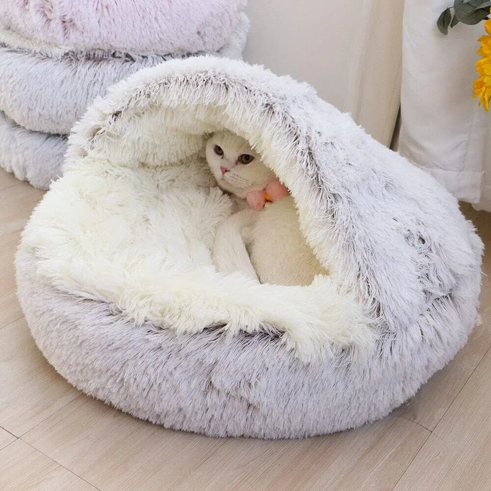 Soft Plush Pet Bed with Cover 2 in 1 Sleeping Nest Cave for Cats & Small Dogs