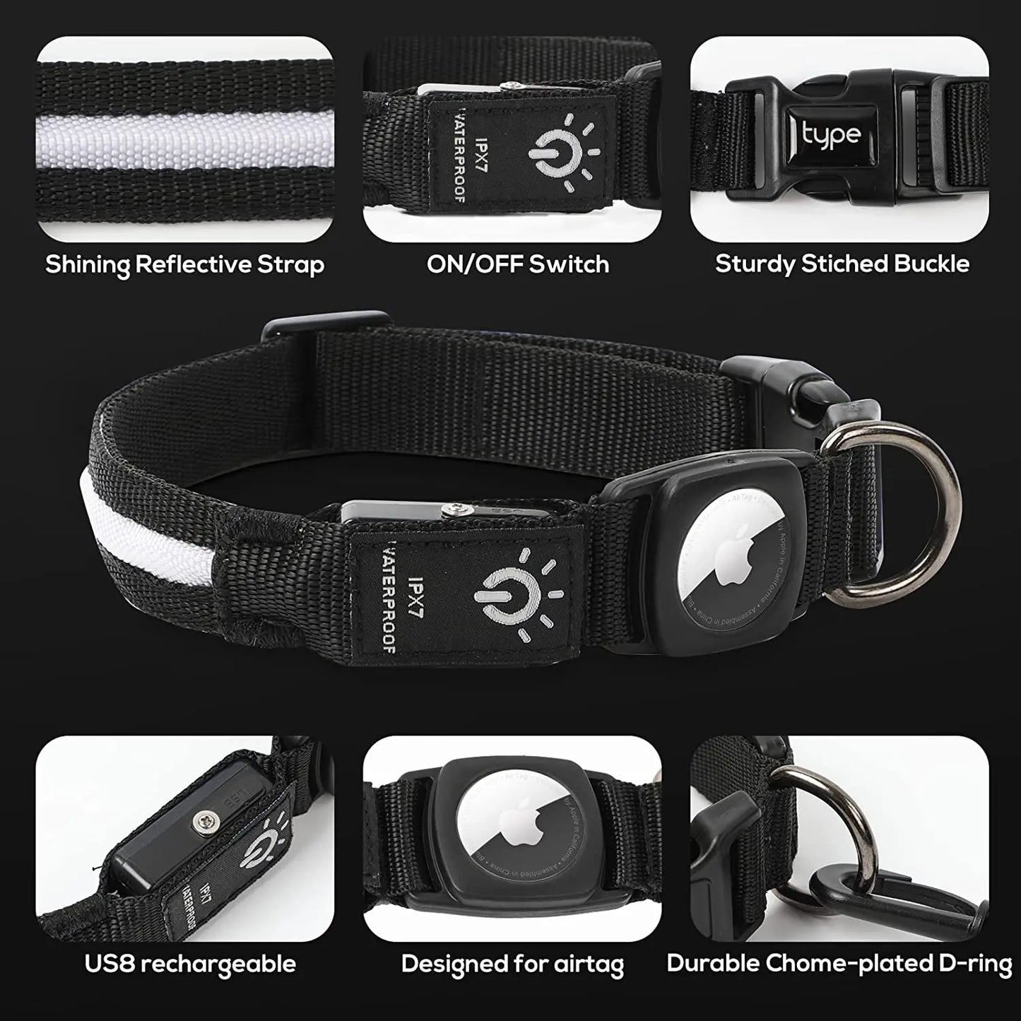 Waterproof Dog Collar with  Super bright light for Apple Airtag