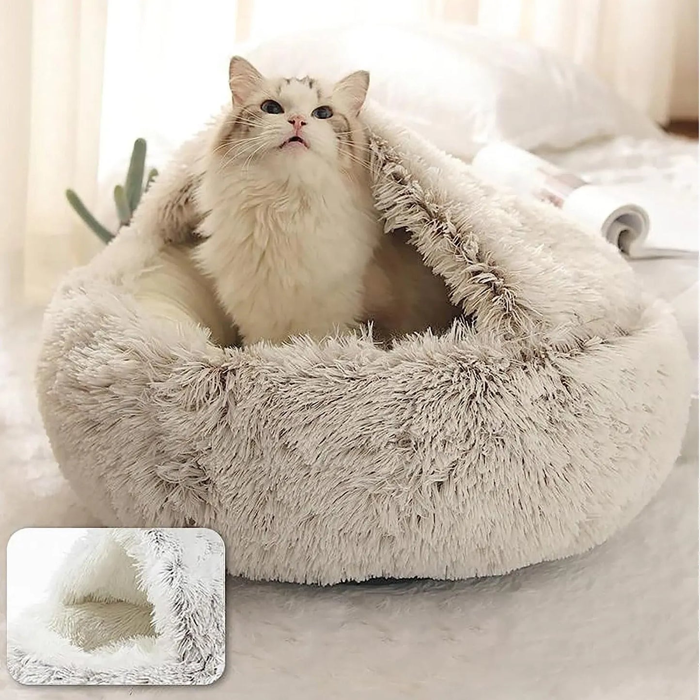 Soft Plush Pet Bed with Cover 2 in 1 Sleeping Nest Cave for Cats & Small Dogs