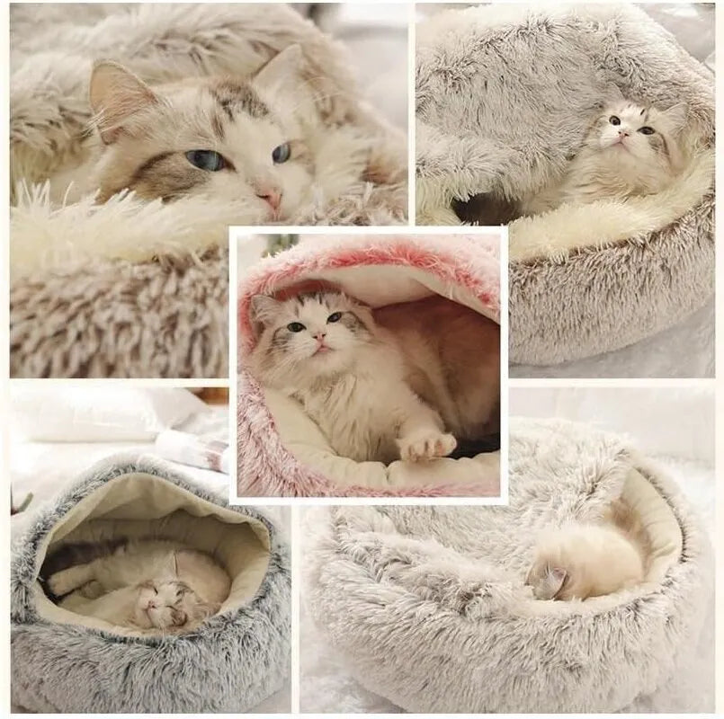 Soft Plush Pet Bed with Cover 2 in 1 Sleeping Nest Cave for Cats & Small Dogs